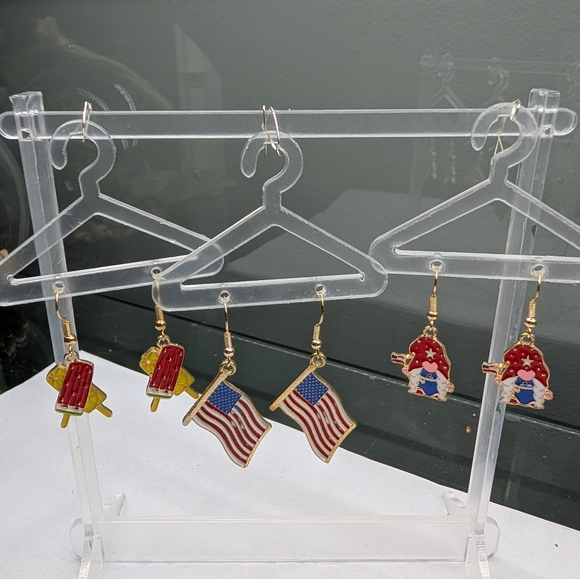 Jewelry - Patriotic Earrings Set of 3 W/Flags, Popsicles & Knomes NIP